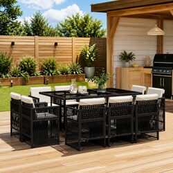 Durable 11 Piece Garden Dining Set in Black Poly Rattan