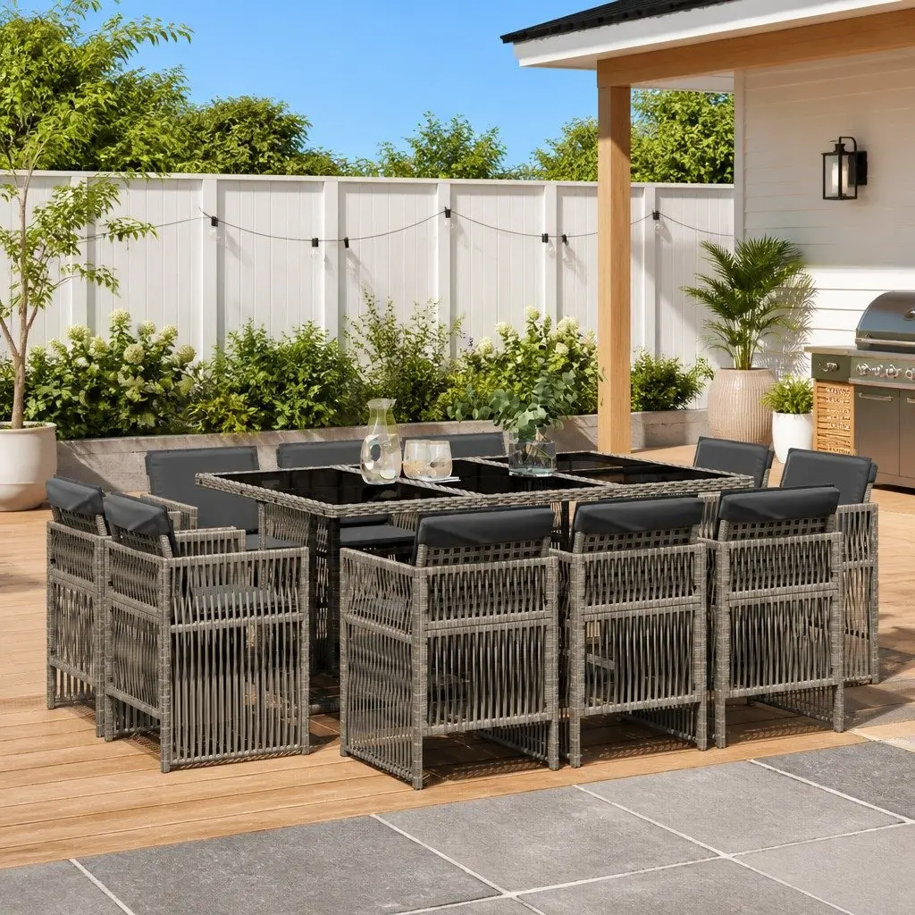 Garden Dining Set PE Rattan 11 Piece Outdoor Furniture Grey Table Chairs