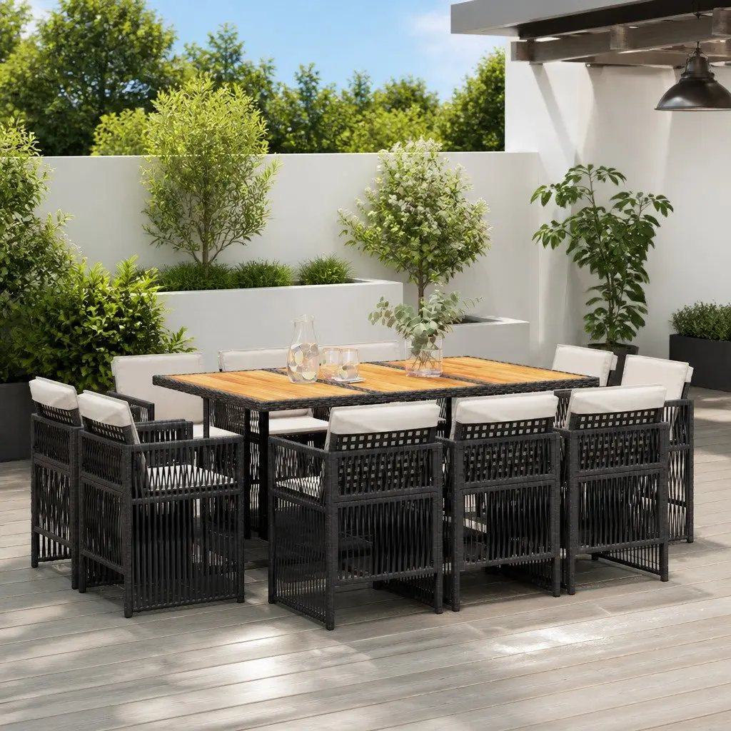 11 Piece Garden Dining Set Black Poly Rattan
