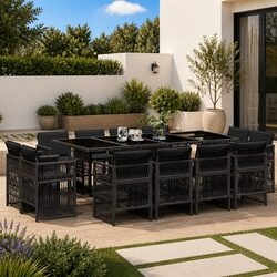 13-Piece Black Poly Rattan Outdoor Dining Set