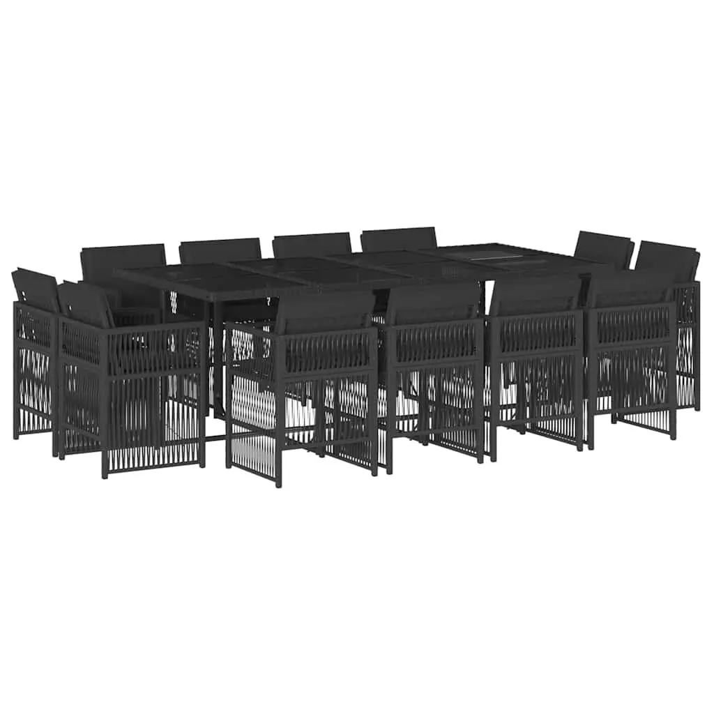 Outdoor Dining Set 13 Piece PE Poly Rattan Black Cushions Tempered Glass Table