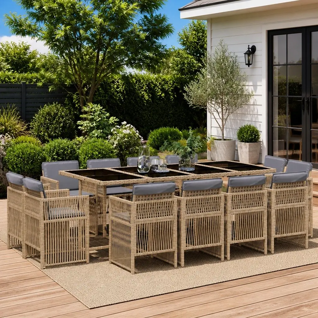 Beige 13-Piece Garden Dining Set with Durable Rattan