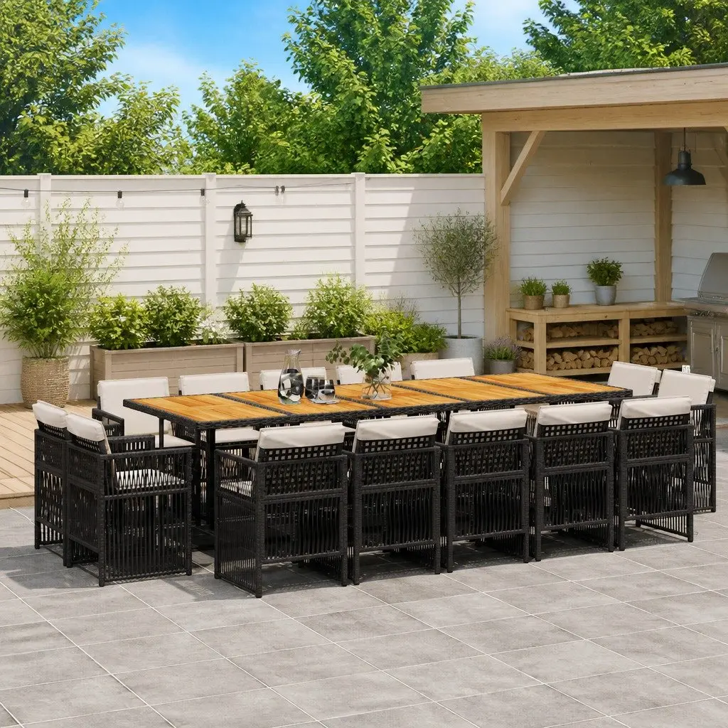 Garden Dining Set PE Rattan 15 Piece Black Outdoor Furniture with Cushions