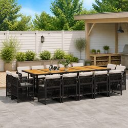 15-Piece Black Poly Rattan Garden Dining Set with Cushions