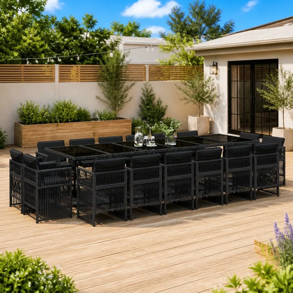 17 Piece Black Poly Rattan Garden Dining Set