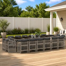17-Piece Grey Poly Rattan Garden Dining Set with Glass Table