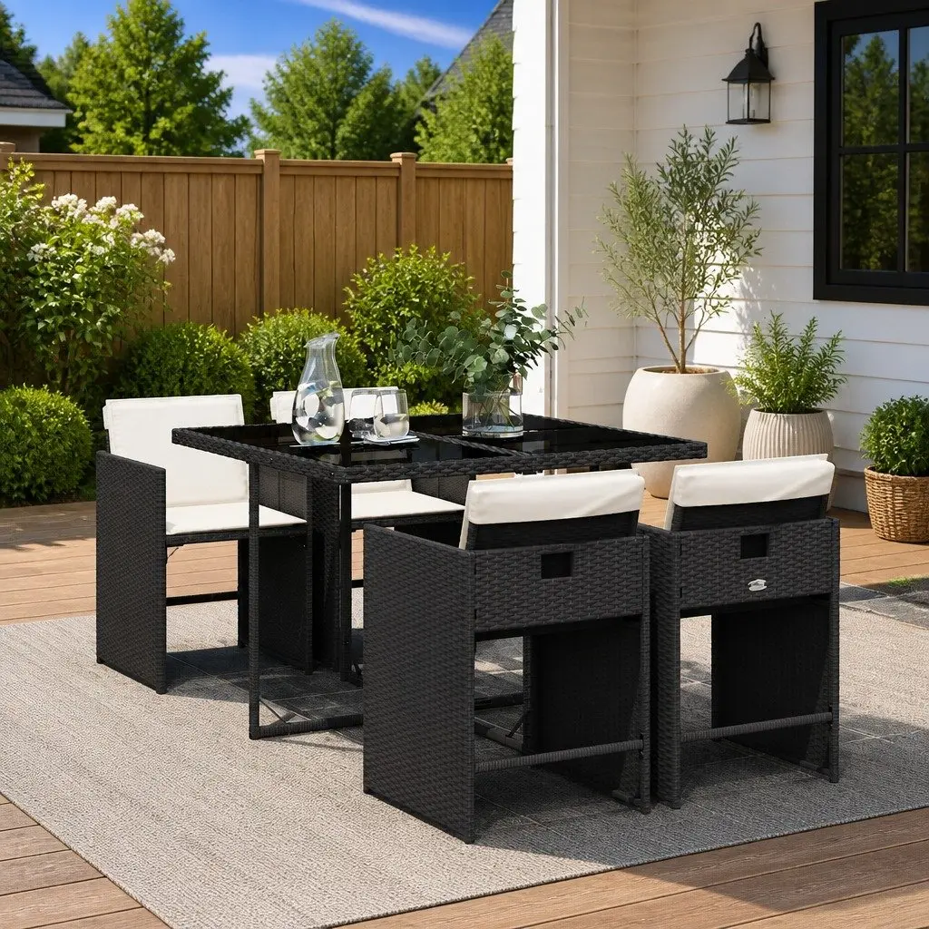 Garden Dining Set PE Rattan 5 Piece Outdoor Furniture Table Chairs Cushions Black
