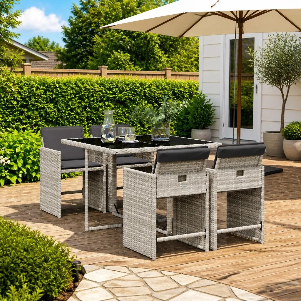 5 Piece Outdoor Garden Dining Set PE Rattan Grey Cushions