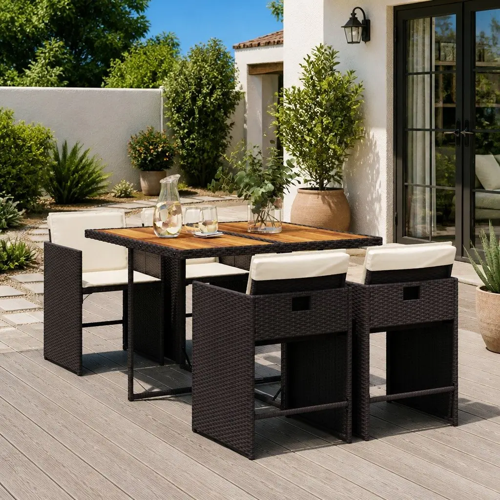 5 Piece Outdoor Dining Set PE Rattan Acacia Wood Black Garden Patio Furniture