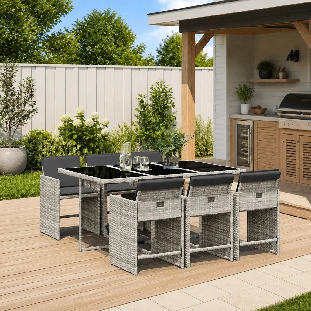 7 Piece Garden Dining Set PE Rattan Grey Outdoor Patio Furniture with Cushions