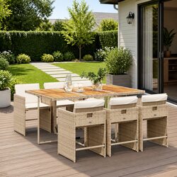 7 Piece Beige Patio Furniture Set with Poly Rattan