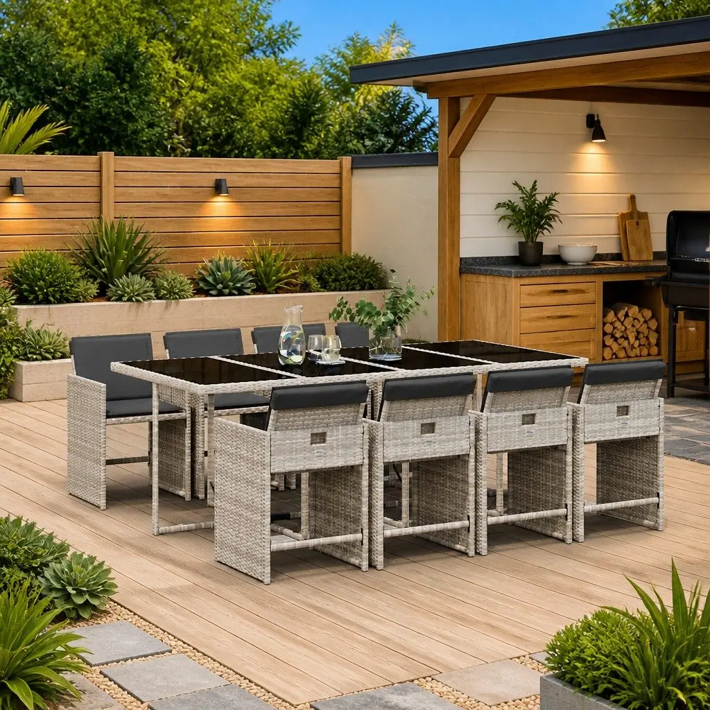 Grey Poly Rattan 9 Piece Garden Dining Set