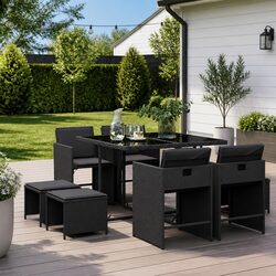 9 Piece Black Poly Rattan Outdoor Dining Set