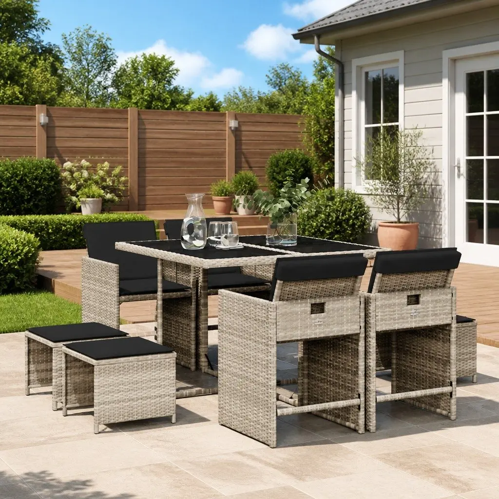 Garden Dining Set PE Rattan Grey 9 Piece Outdoor Furniture