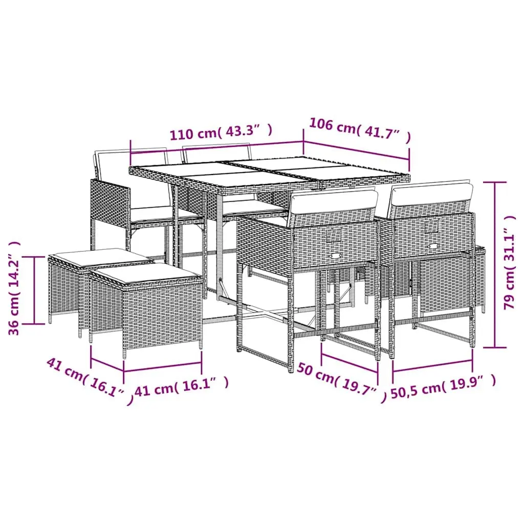 Garden Dining Set PE Rattan Grey 9 Piece Outdoor Furniture