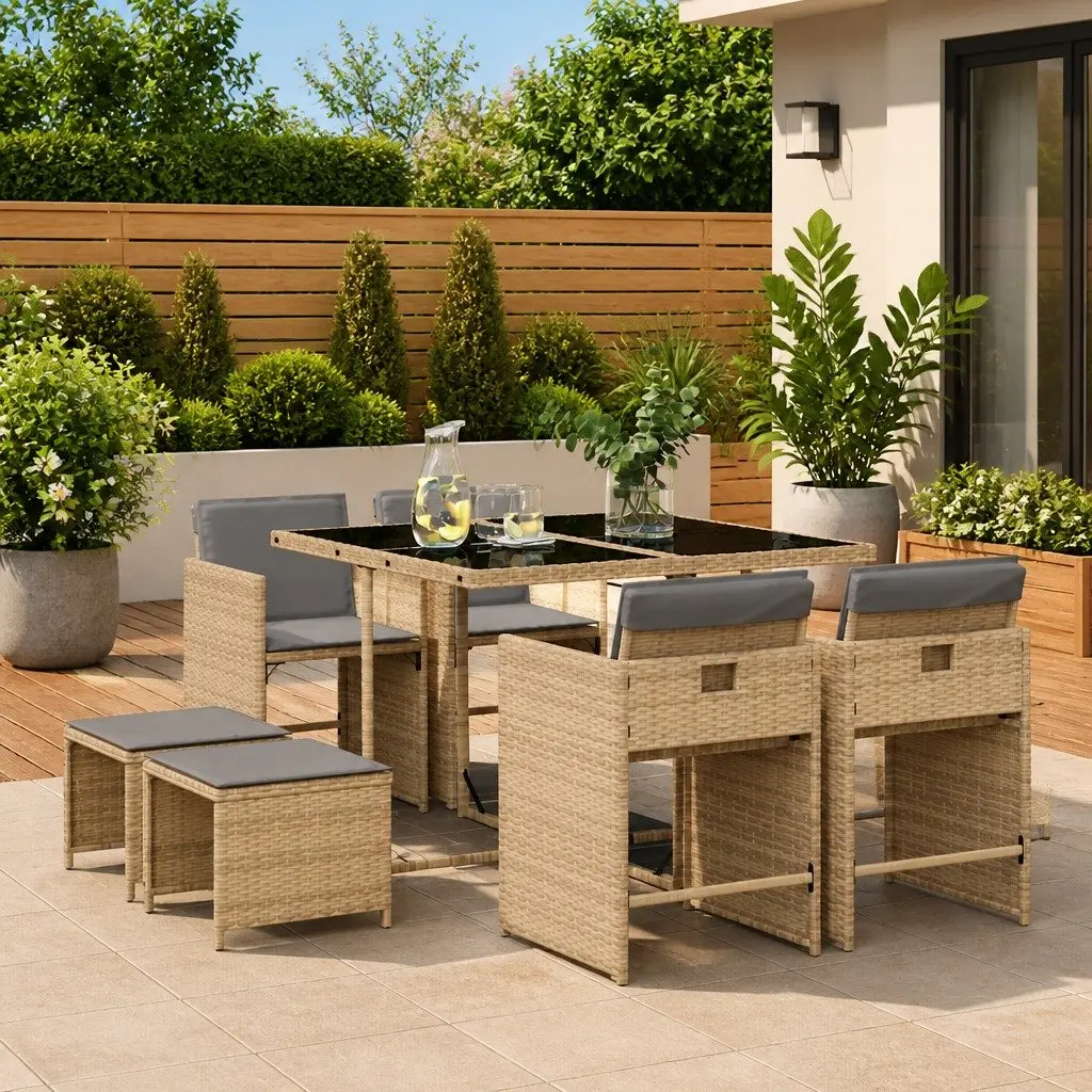 Garden Dining Set PE Rattan 9 Piece Outdoor Furniture Patio Table Chairs Cushions Beige