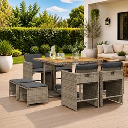 9 Piece Grey Poly Rattan Garden Dining Set with Cushions