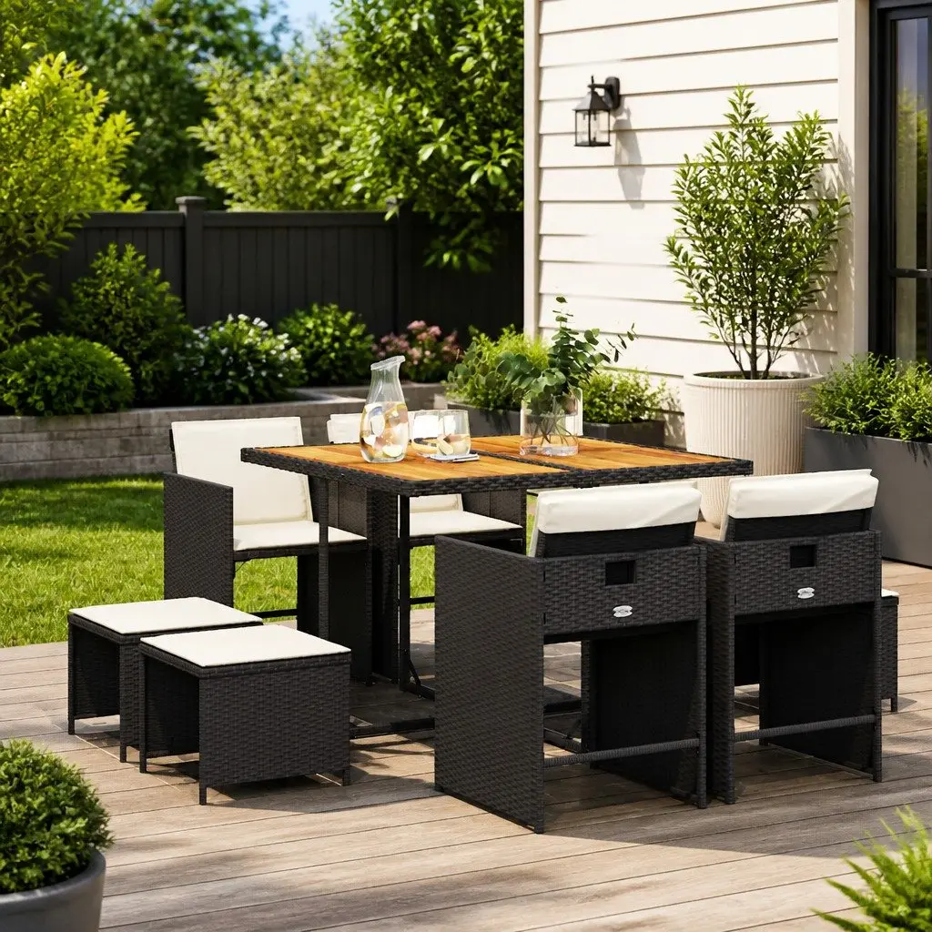 9 Piece Garden Dining Set PE Rattan Cushions Acacia Wood Table Black