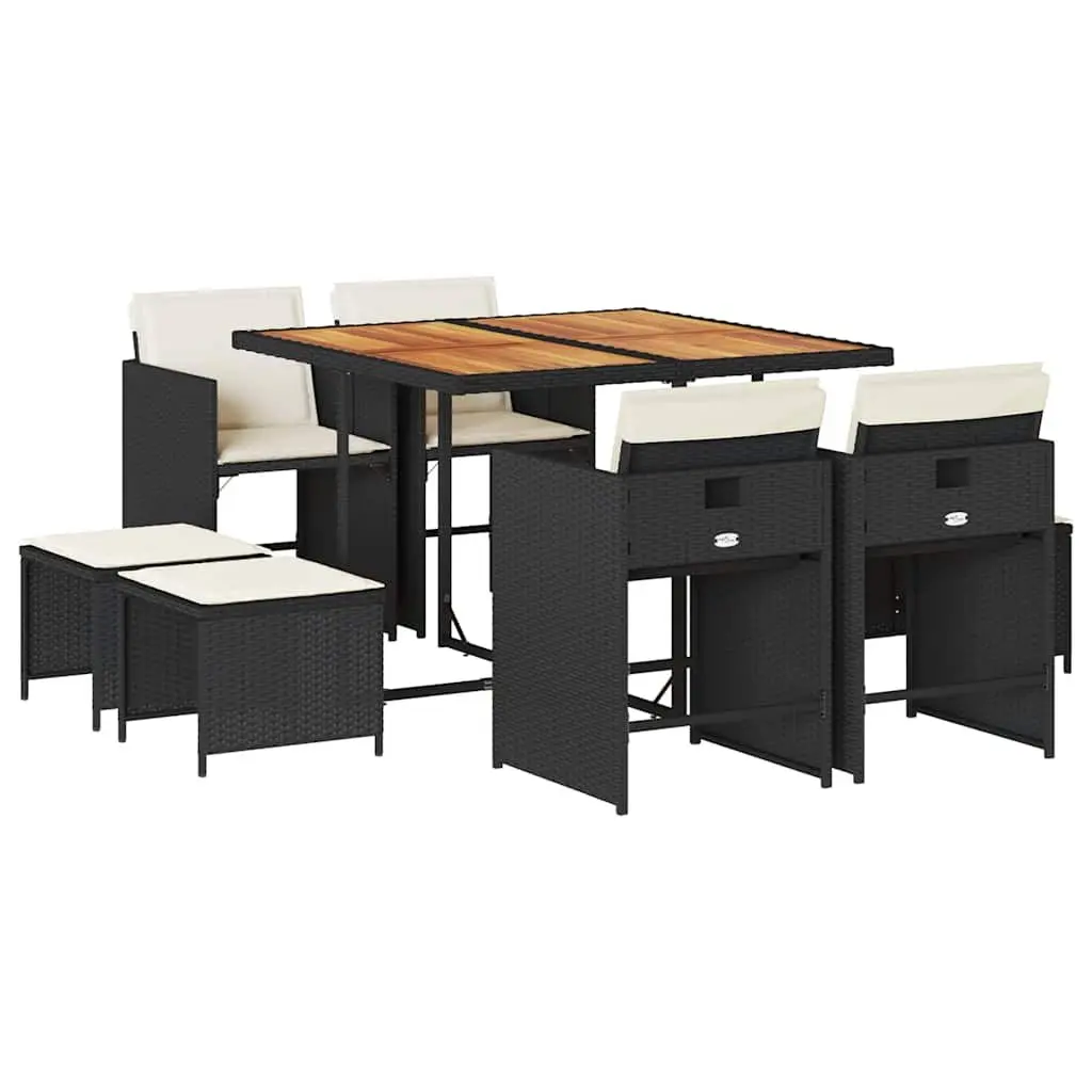 9 Piece Garden Dining Set PE Rattan Cushions Acacia Wood Table Black