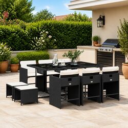 11-Piece Black Outdoor Dining Set with Poly Rattan
