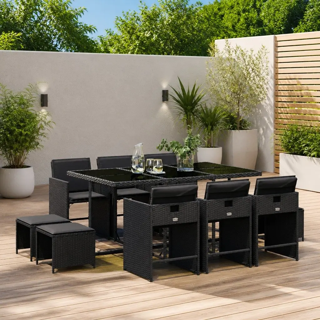 Garden Dining Set PE Rattan 11 Piece Outdoor Furniture Table Chairs Cushions Black