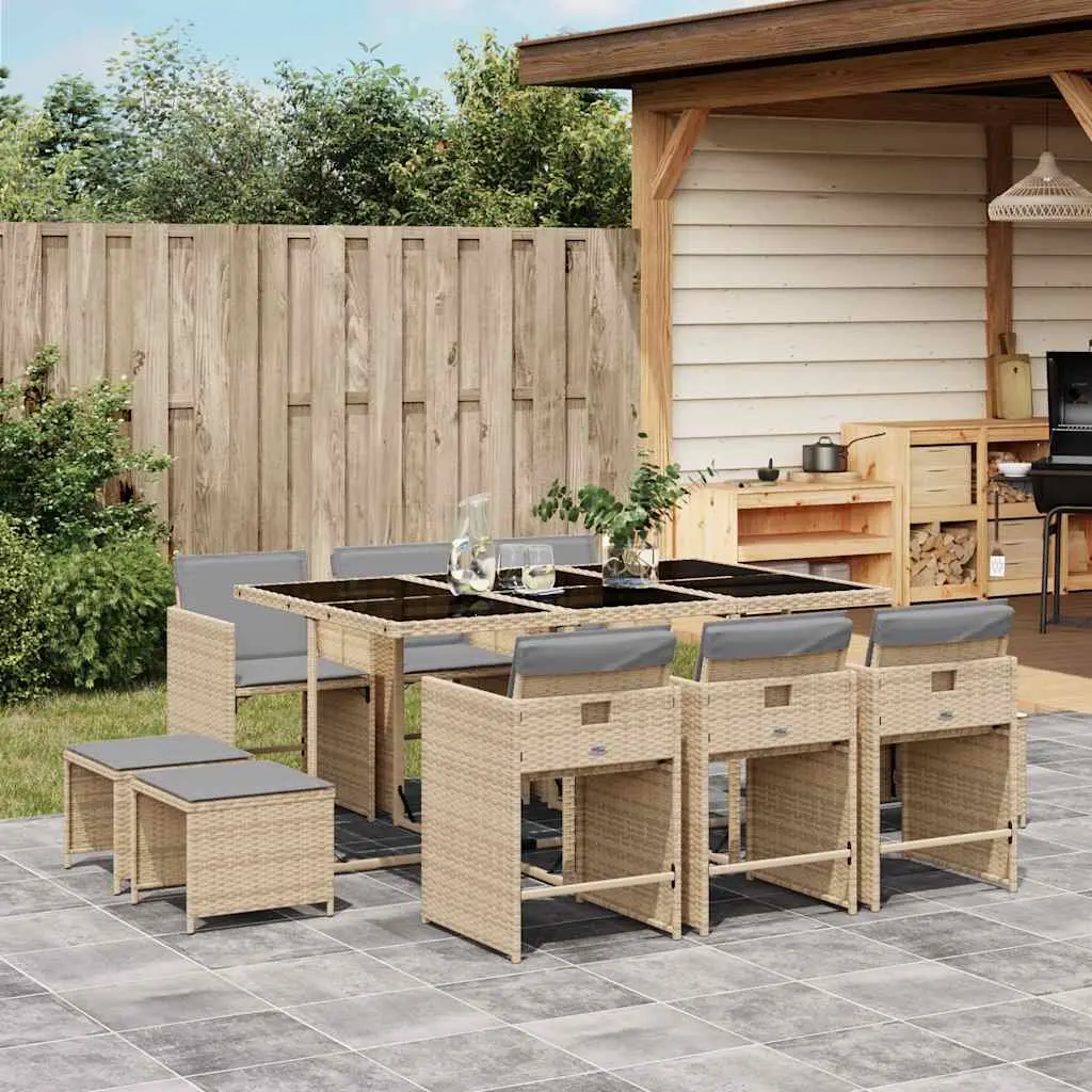 11 Piece Outdoor Dining Set with Beige Cushions