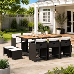 Black 11-Piece Garden Dining Set with Rattan Chairs