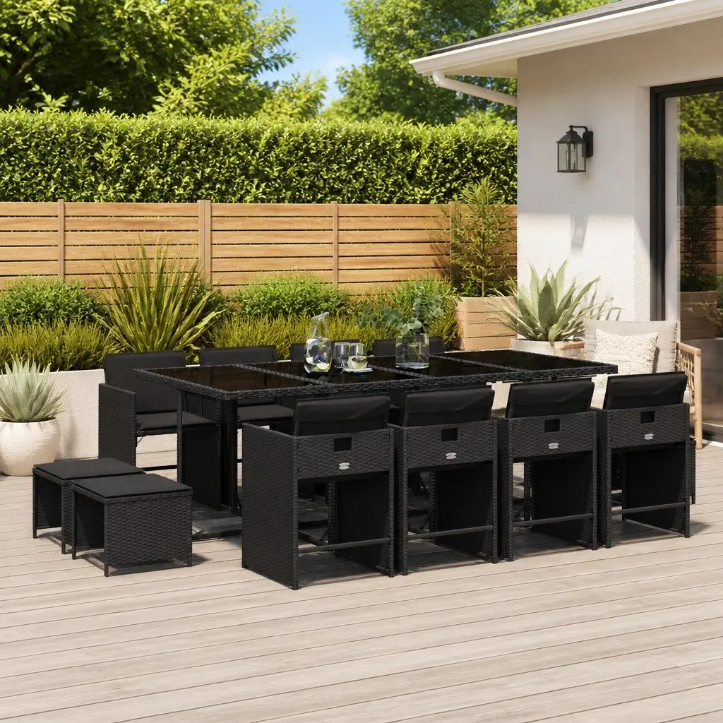 13 Piece Outdoor Dining Set Poly Rattan Black with Cushions
