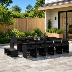 Black PE Rattan 15-Piece Outdoor Dining Set with Cushions
