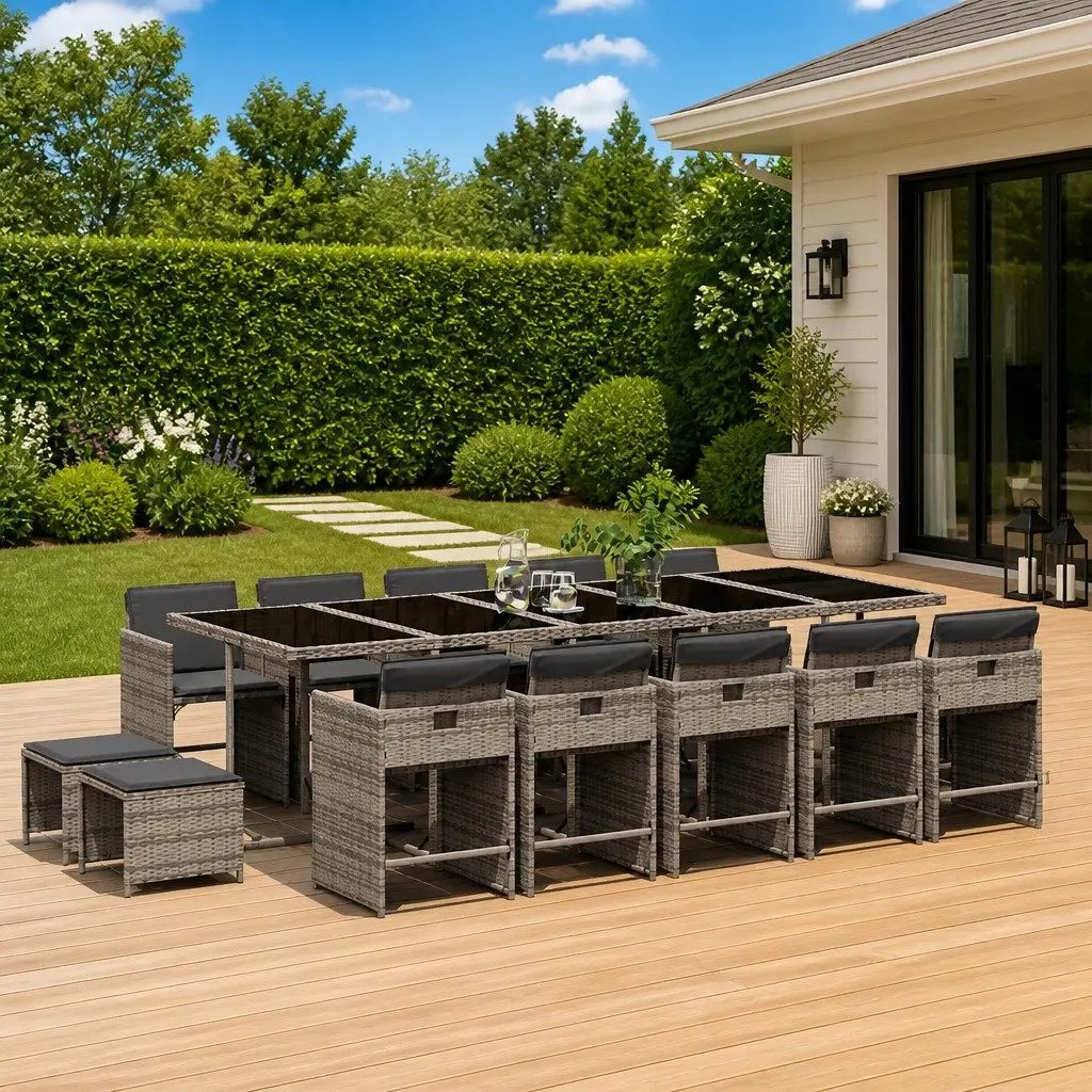 15-Piece Grey Poly Rattan Garden Dining Set