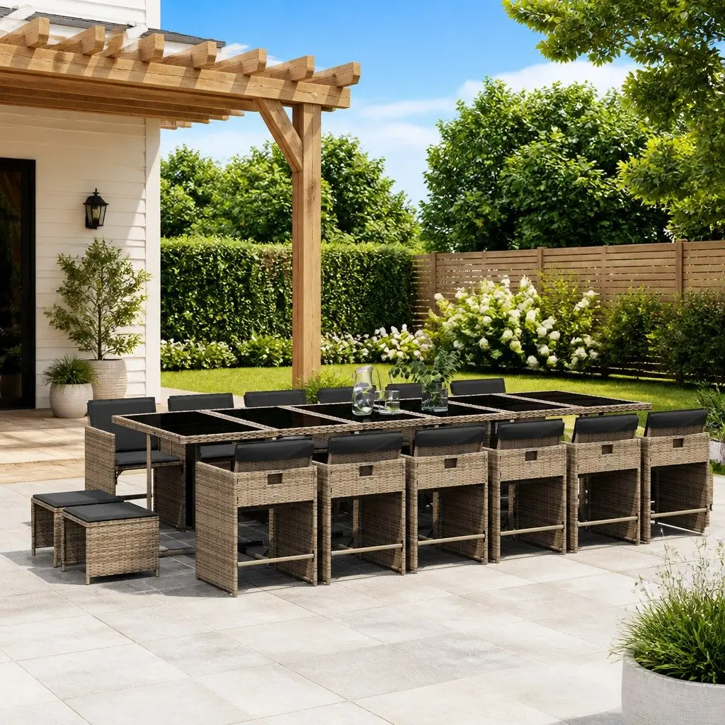 17 Piece Garden Dining Set with Cushions in Grey