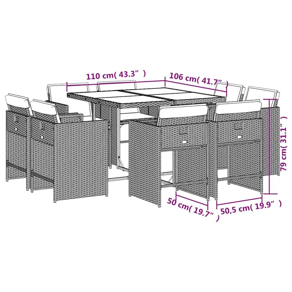 Garden Dining Set PE Rattan 9 Piece Grey Outdoor Furniture Table Chairs