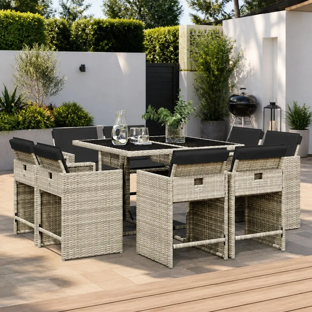 9-Piece Grey Poly Rattan Garden Dining Set