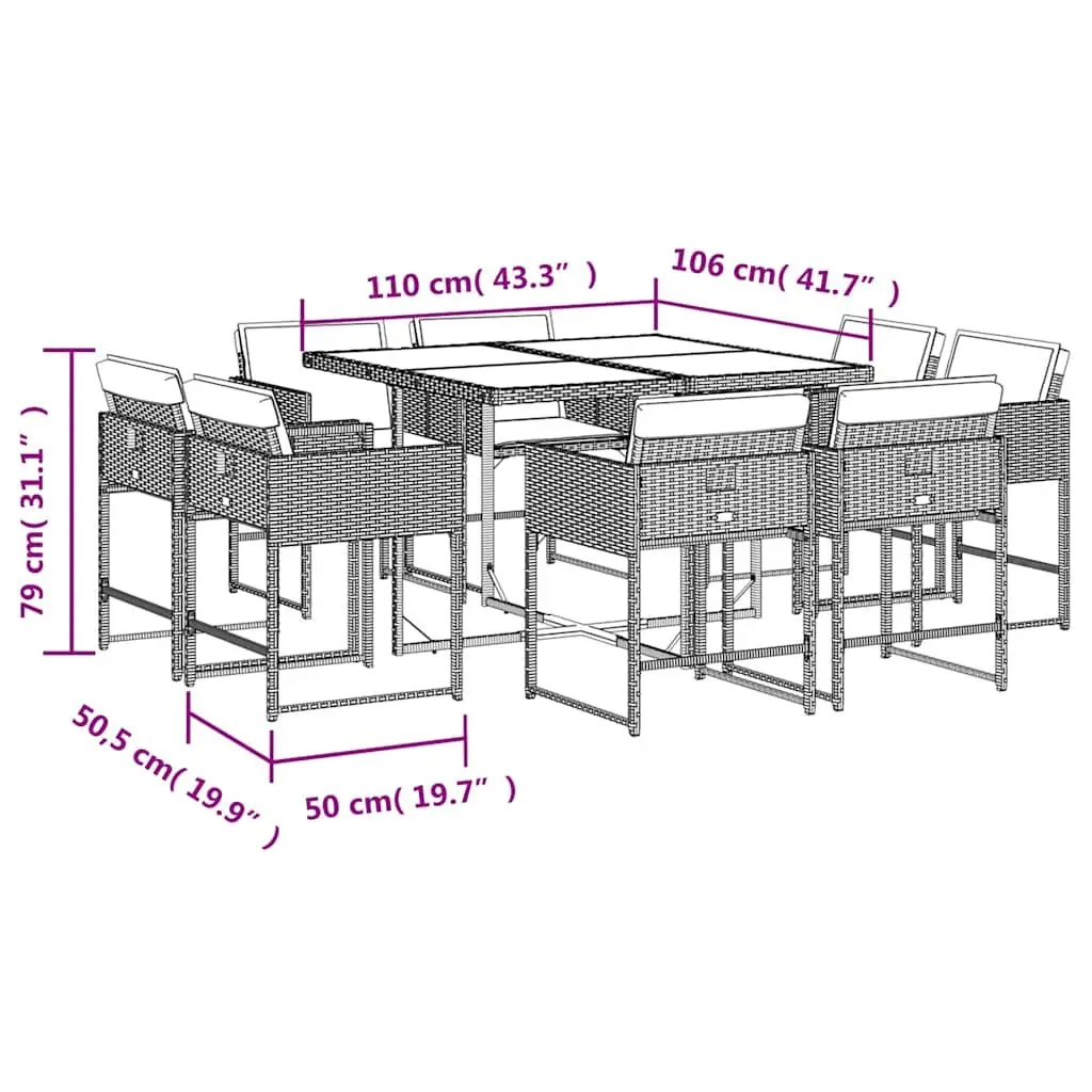 9-Piece Grey Poly Rattan Garden Dining Set