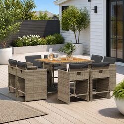 Durable 9 Piece Garden Dining Set with Grey Rattan Cushions
