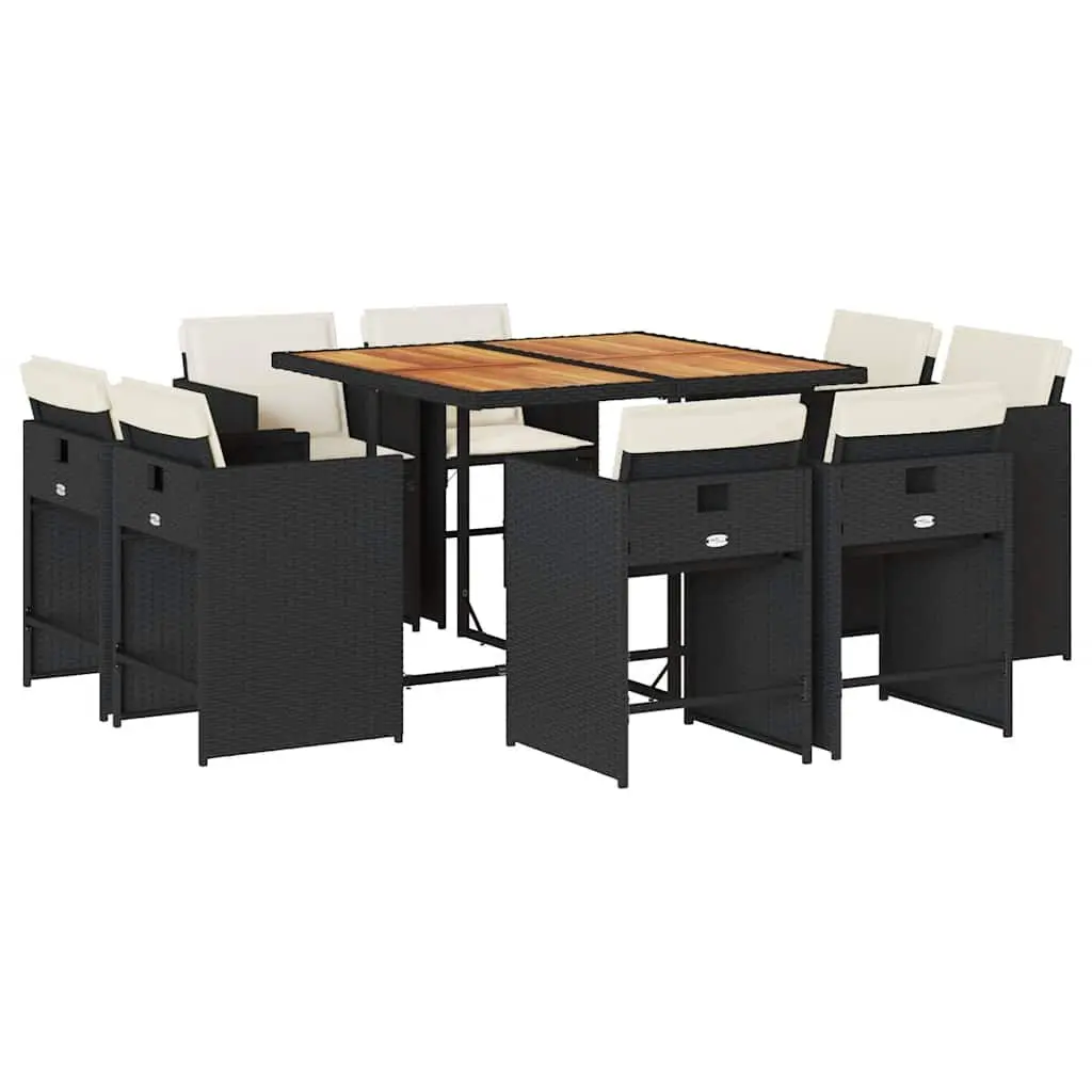 Garden Dining Set Poly Rattan Acacia Wood Table 9 Piece Black