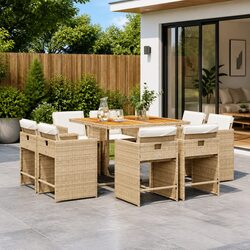 Beige Garden Dining Set: 9 Piece Outdoor Furniture with Cushions