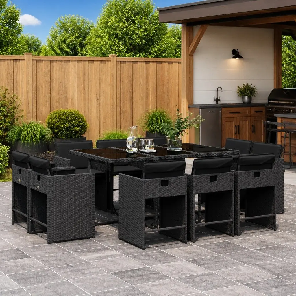 Black Poly Rattan Outdoor Dining Set with Cushions