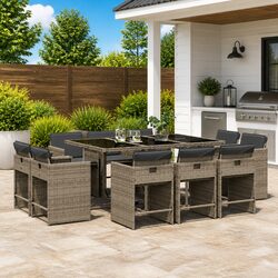 11 Piece Grey Poly Rattan Garden Dining Set with Cushions