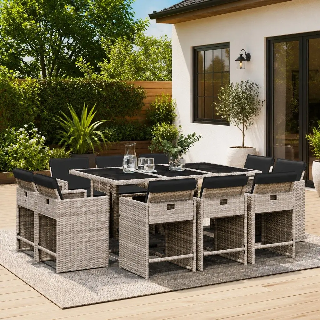 11 Piece Grey Garden Dining Set with Cushions