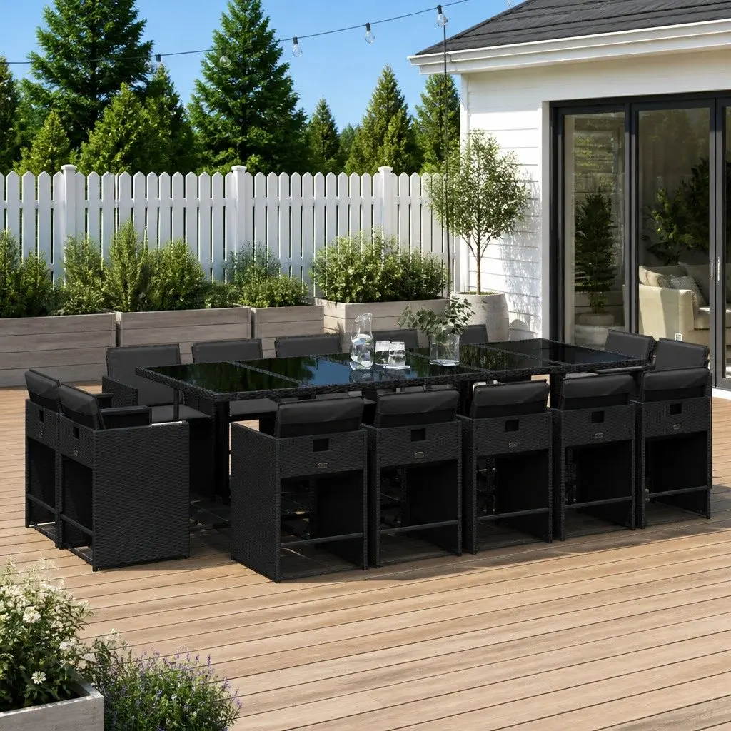 Garden Dining Set PE Rattan 15 Piece Outdoor Furniture Black