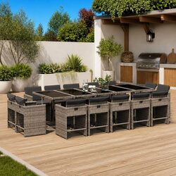 Durable 15 Piece Garden Dining Set with Grey Rattan Chairs