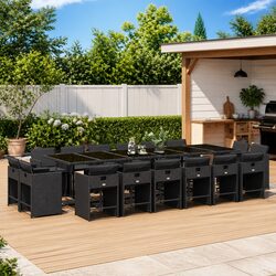 17-Piece Black Poly Rattan Outdoor Dining Set with Cushions