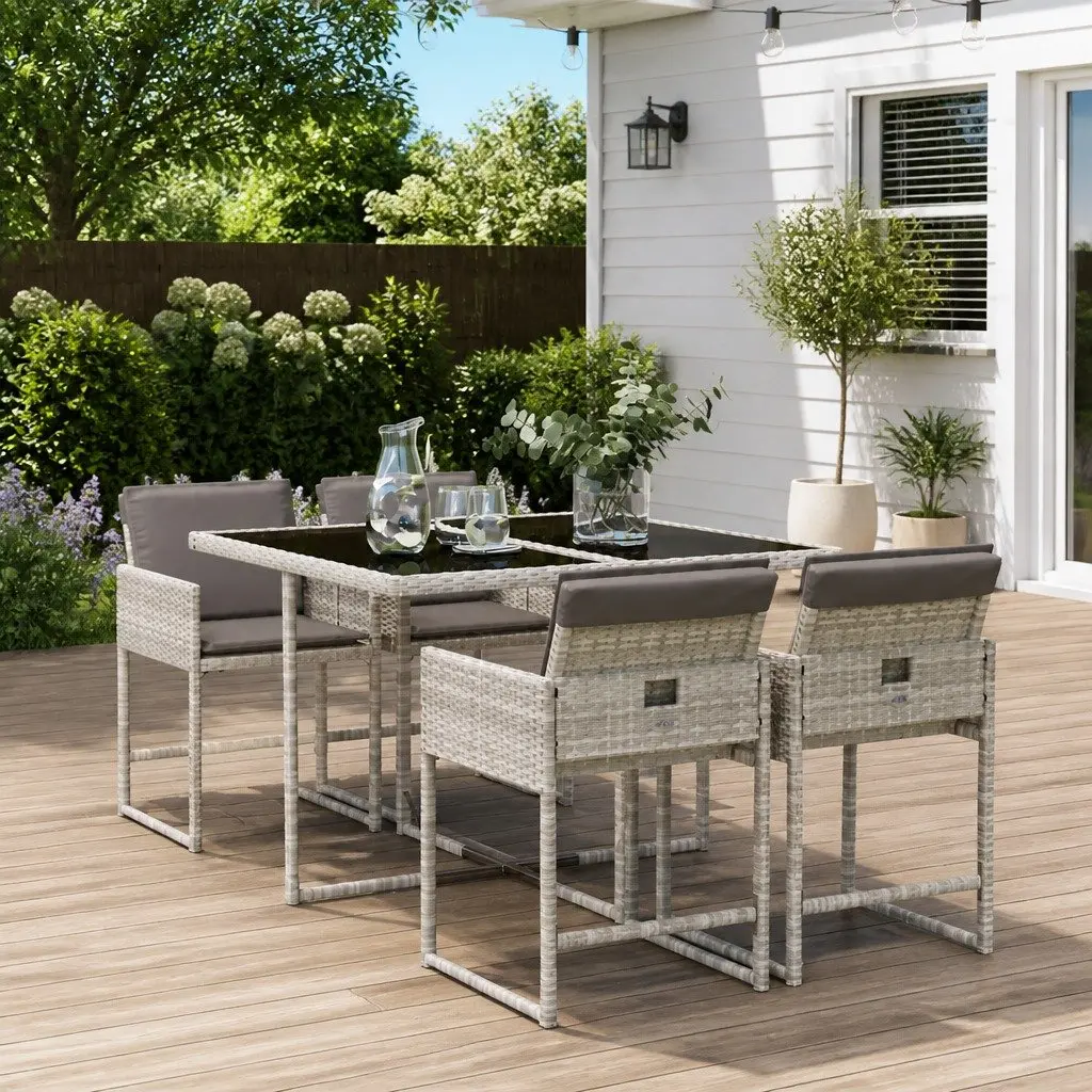 Garden Dining Set 5 Piece Outdoor Furniture Grey Poly Rattan Cushions Glass