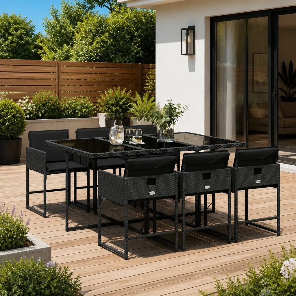 7 Piece Black Rattan Outdoor Dining Set with Cushions
