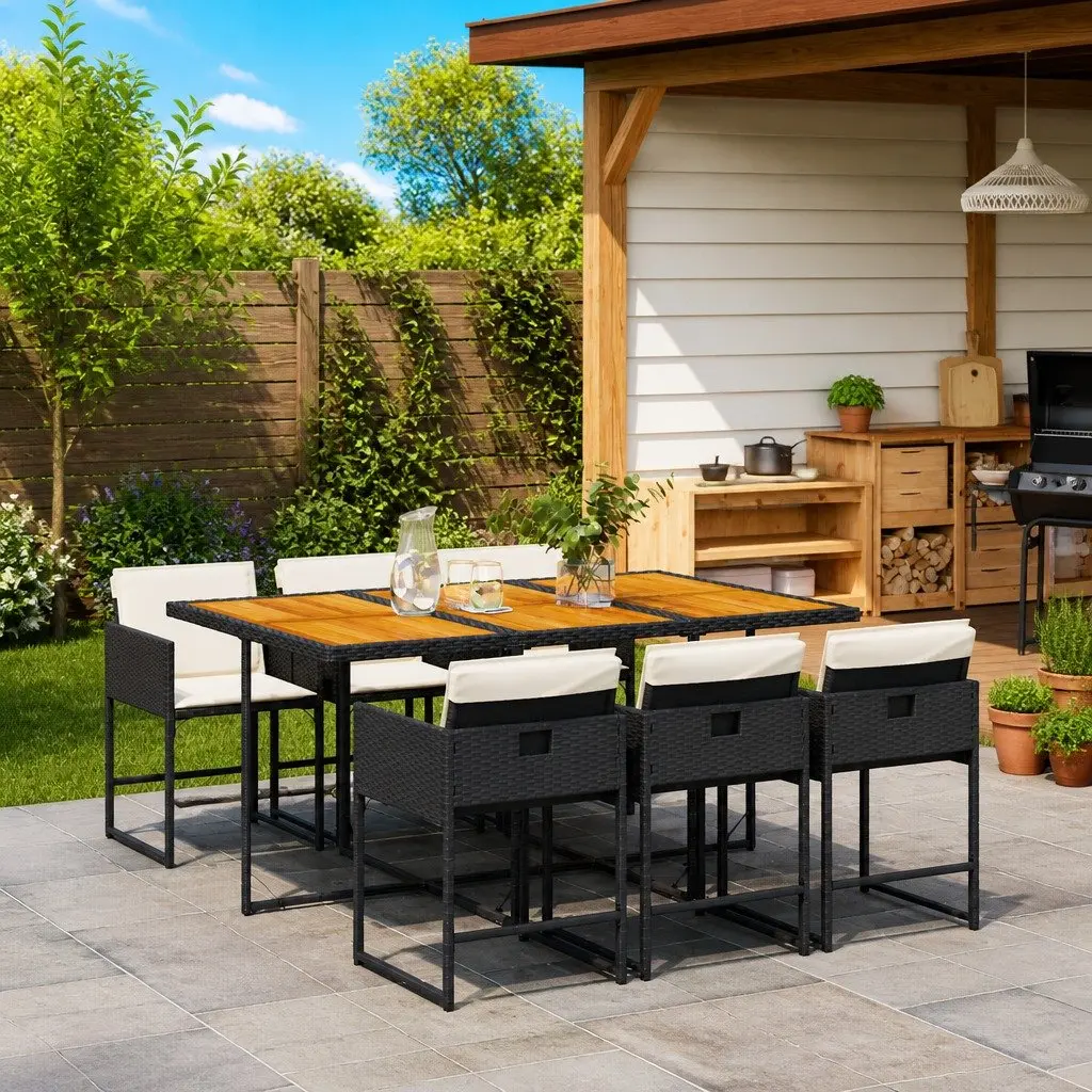 7 Piece Outdoor Dining Set Poly Rattan Acacia Wood Table Black