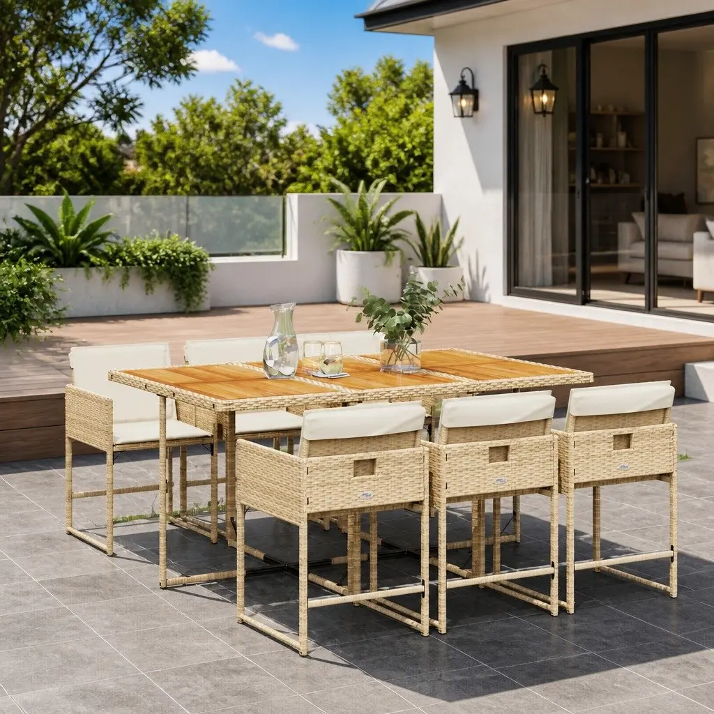 7 Piece Garden Dining Set Poly Rattan Acacia Wood Table Beige Outdoor Furniture