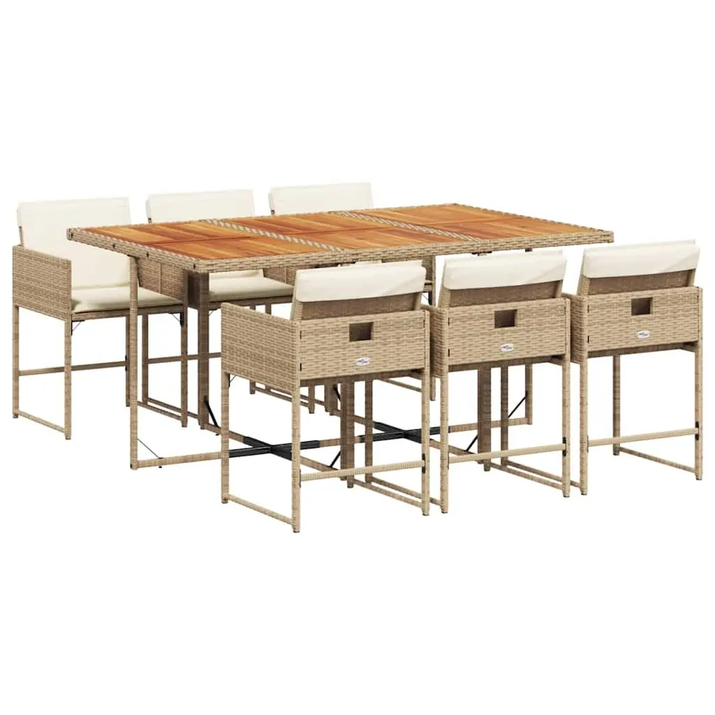 7 Piece Garden Dining Set Poly Rattan Acacia Wood Table Beige Outdoor Furniture