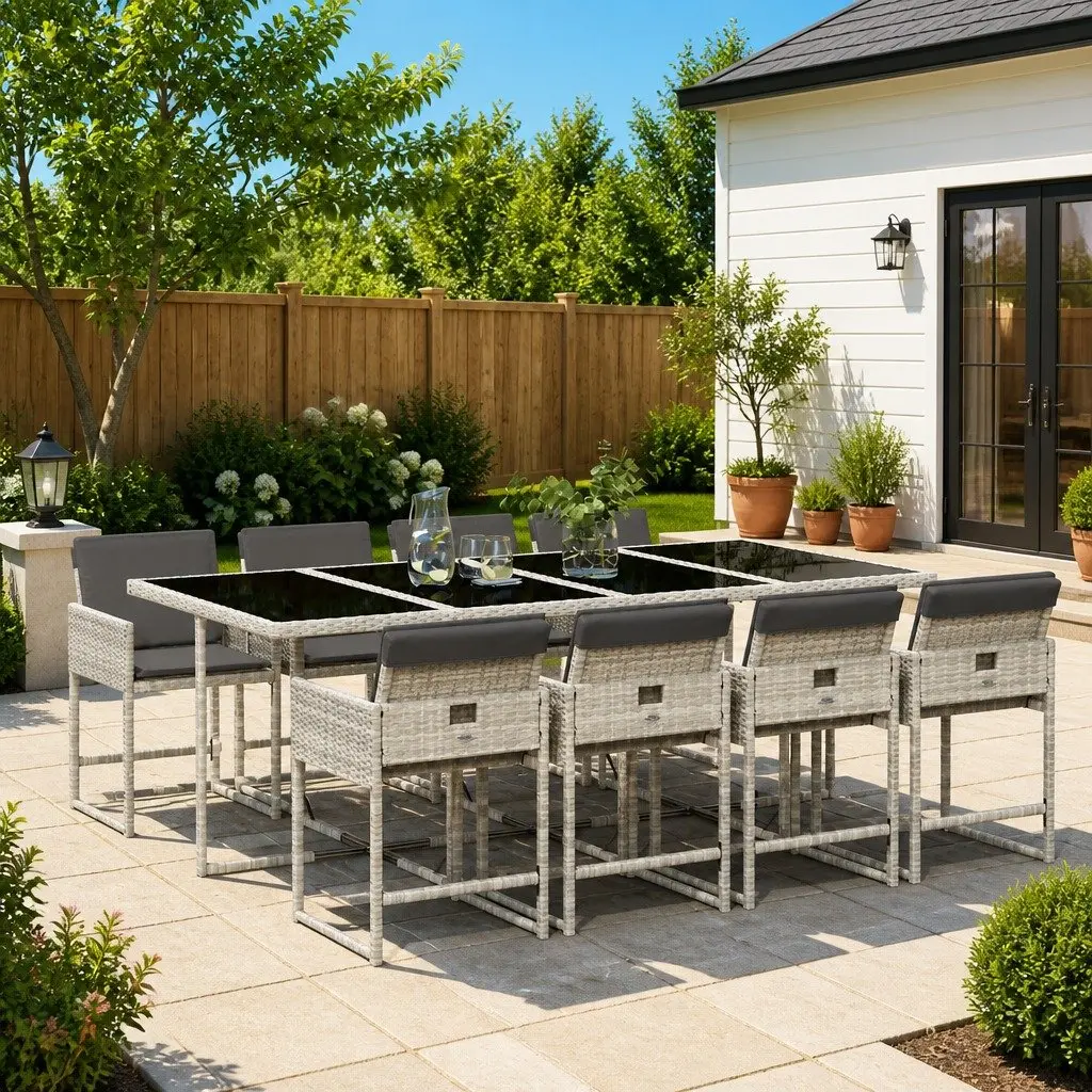 9 Piece Garden Dining Set with Cushions Grey