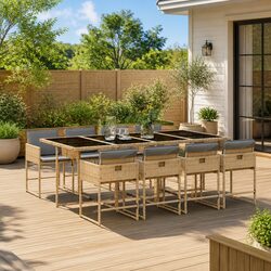 Sturdy 9 Piece Garden Dining Set in Beige Poly Rattan
